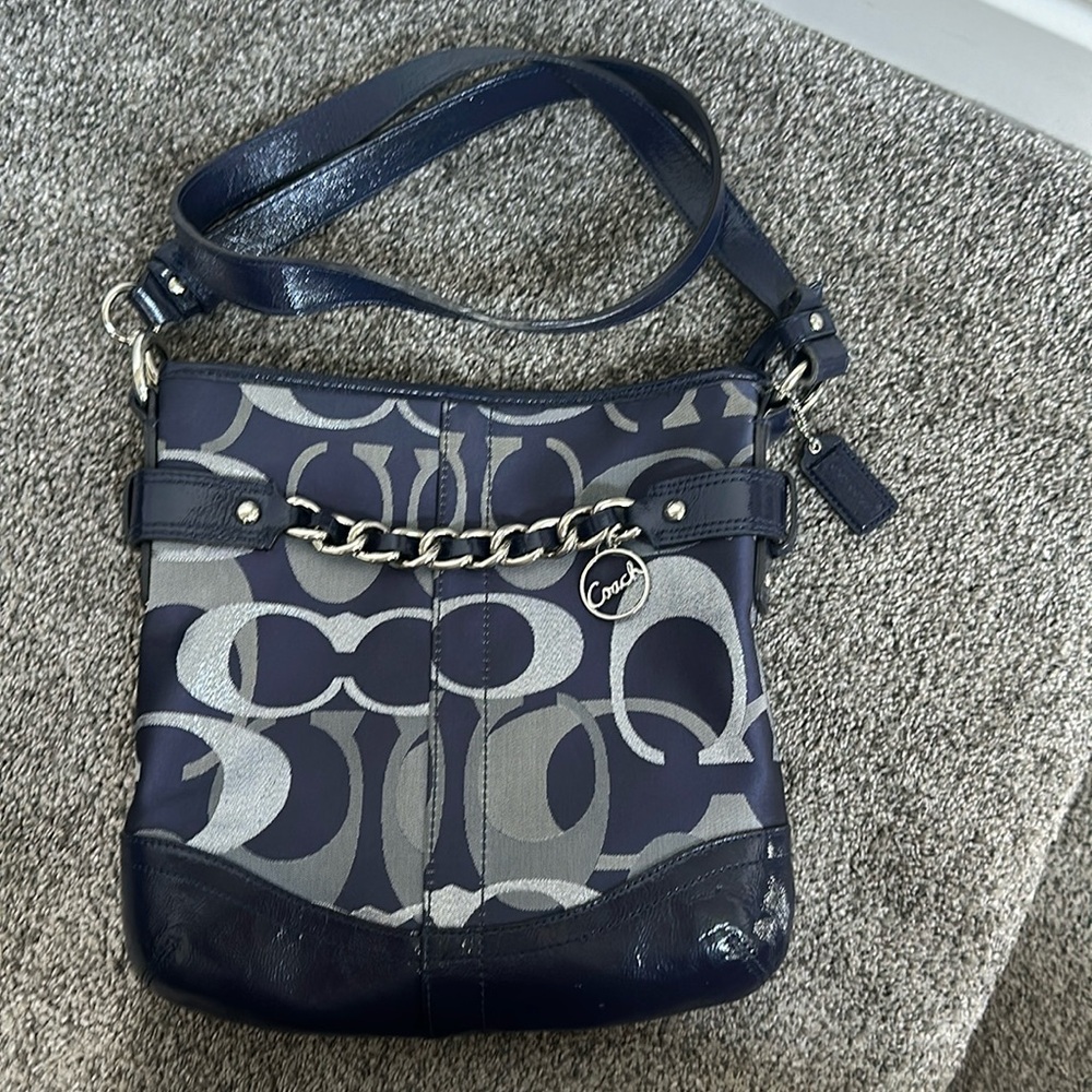 COACH PURSE NAVY W/SILVER MONOGRAM&HARDWARE OVER SHOULDER OR CROSSBODY AUTHENTIC